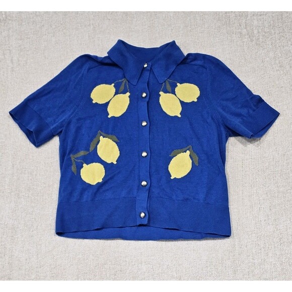 Free Assembly Women's Collared Cardigan Sweater Medium Multi Lemon Ultra Blue - Picture 1 of 6